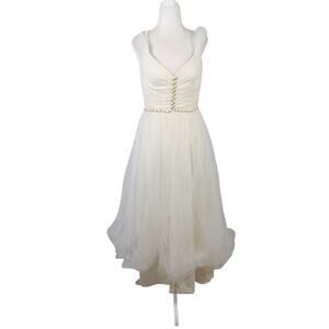 Vintage 70s cream ruched satin and tulle midi party dress XXS